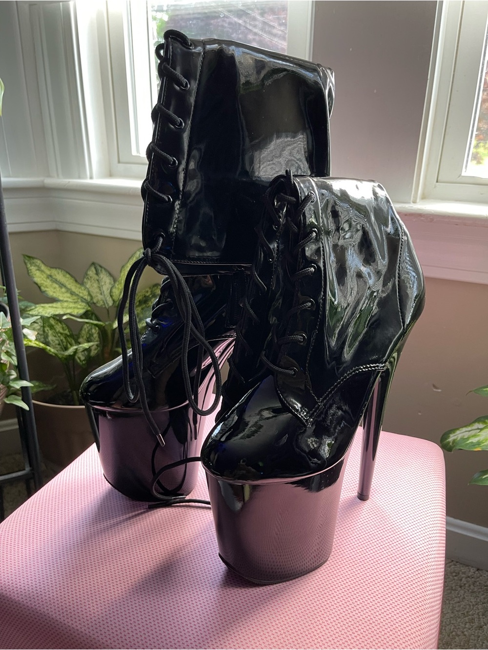 Pleaser Flamingo-2020 Black Patent Knee-High Boots - 8 Inch Heel